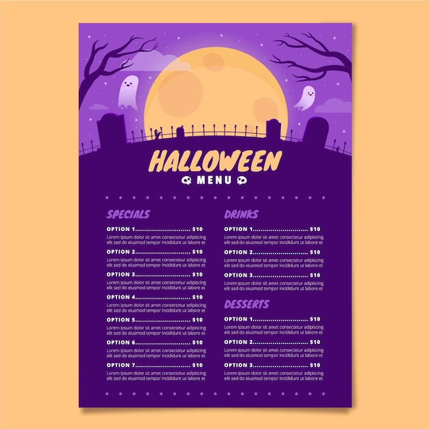 Modèle de menu halloween plat dessiné à la main