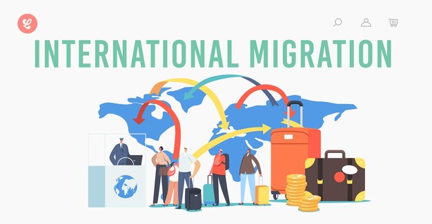 Vecteur modèle de page de destination de la migration internationale. personnages légal monde immigration. les voyageurs et les touristes préparent un document pour quitter le pays et voyager à l'étranger. illustration vectorielle de gens de dessin animé