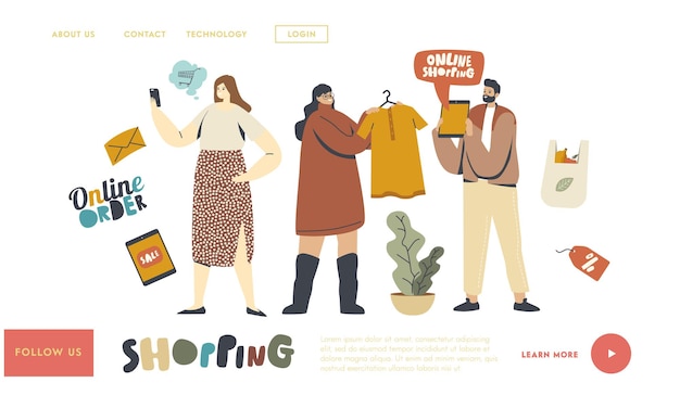 Vecteur modèle de page de destination pour les achats en ligne. personnages du client avec l'achat de marchandises à l'aide d'un gadget. marketing numérique, achat, entreprise de magasin internet. les gens commandent et achètent des choses. illustration vectorielle linéaire