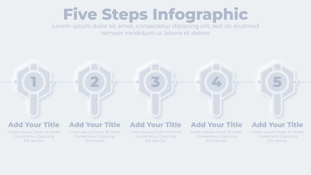 Vecteur modèle de présentation infographique d'entreprise neumorphique en 5 étapes ou options