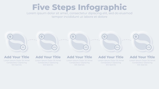 Vecteur modèle de présentation infographique d'entreprise neumorphique en 5 étapes ou options