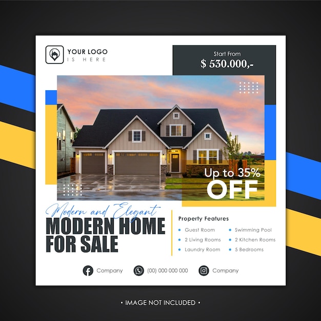 Modèle de publication instagram de propriété immobilière ou de bannière web carrée