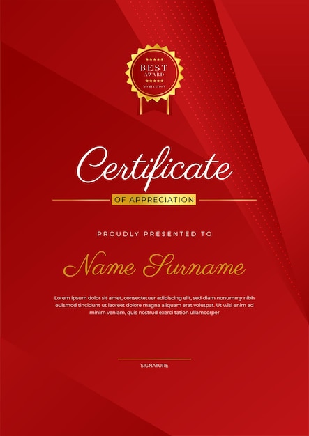 Vecteur modèle de récompense de certificat de diplôme rouge et or élégant