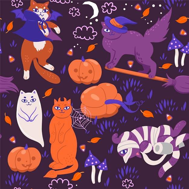 Modèle sans couture avec des chats d'halloween.