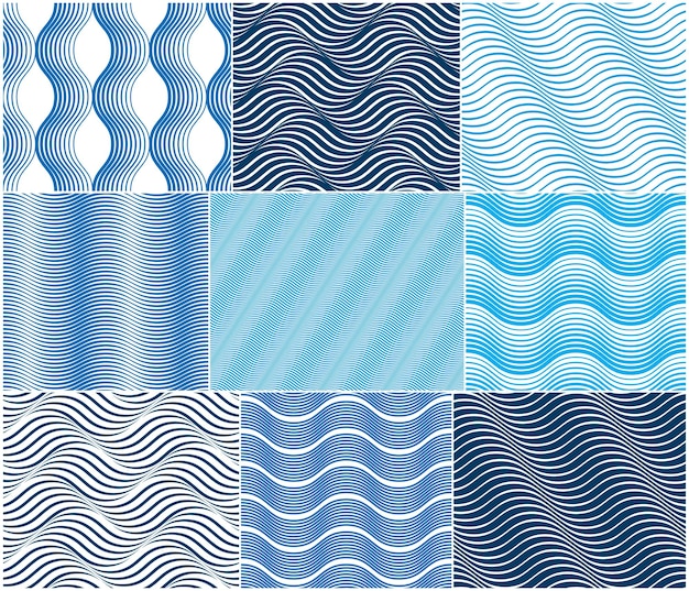 Modèle sans couture de vagues chaotiques, lignes de courbes vectorielles abstraites fond de carrelage répété, vagues rythmiques de couleur bleue.