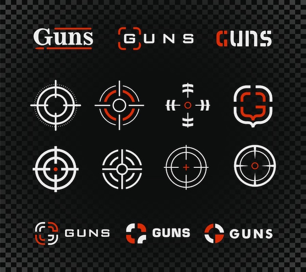Modèle de vecteur de champ de tir et collection d'icônes. Pistolets ou autre signe de vue de fusil d'arme sur fond noir