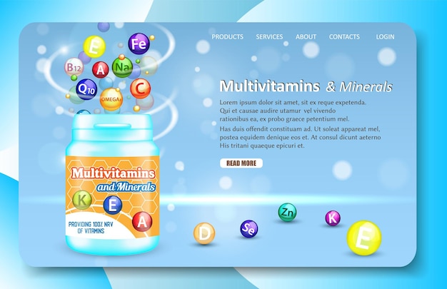 Vecteur modèle de vecteur de site web de page de destination de multivitamines et minéraux