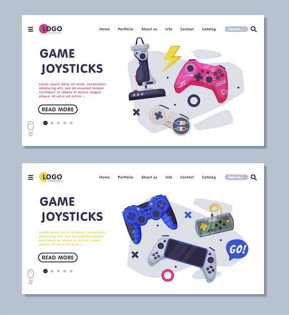 Vecteur des modèles de pages d'atterrissage de joystick de jeu set de contrôleurs de jeux consoles de bannières web industrie du jeu illustration vectorielle de concept