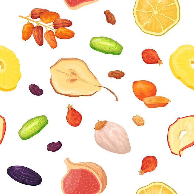 Vecteur motif de fruits secs texture sans couture de différents fruits secs et noix date raisin abricot citron prune ananas mangue arachide raisin dessin animé arrière-plan alimentaire illustration vectorielle soignée