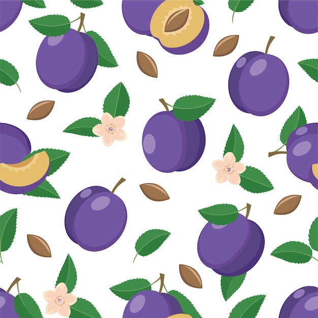 Vecteur un motif de prunes et de prunes motif sans couture fruits de prunes mûres récolte écologique feuilles avec feuilles