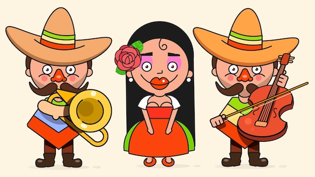 Vecteur musiciens mexicains vector illustration avec deux hommes et une femme avec des guitares en vêtements autochtones et sombrero flat vector illustration