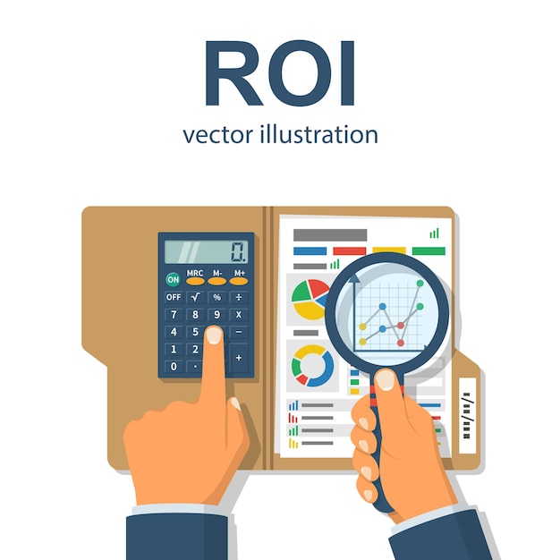 Notion de retour sur investissement. Retour sur investissement. Marketing commercial ROI. Revenu de profit. Homme d'affaires gérant le tableau financier. Conception plate d'illustration vectorielle. Isolé sur fond blanc. Données d'analyse.