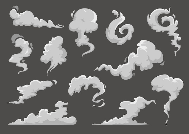 Vecteur nuages de dessin animé, fumée fumante et nuages d'explosion de flux de vapeur