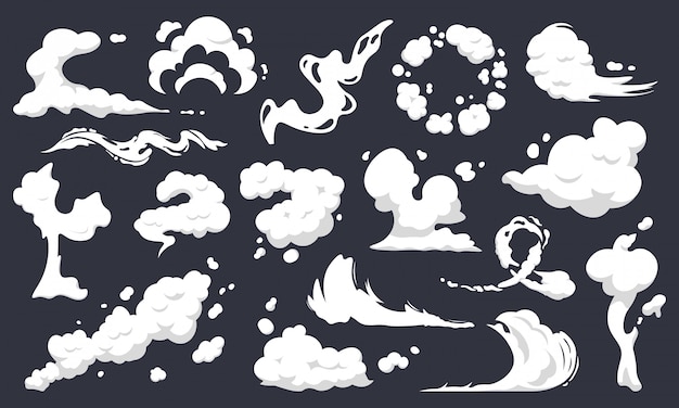 Vecteur nuages de fumée de dessin animé. la fumée comique coule, la poussière, le smog et la fumée jeu d'illustration de silhouettes de nuage fumant. silhouette de vent fumant, explosion de fumée, collection de nuages comiques