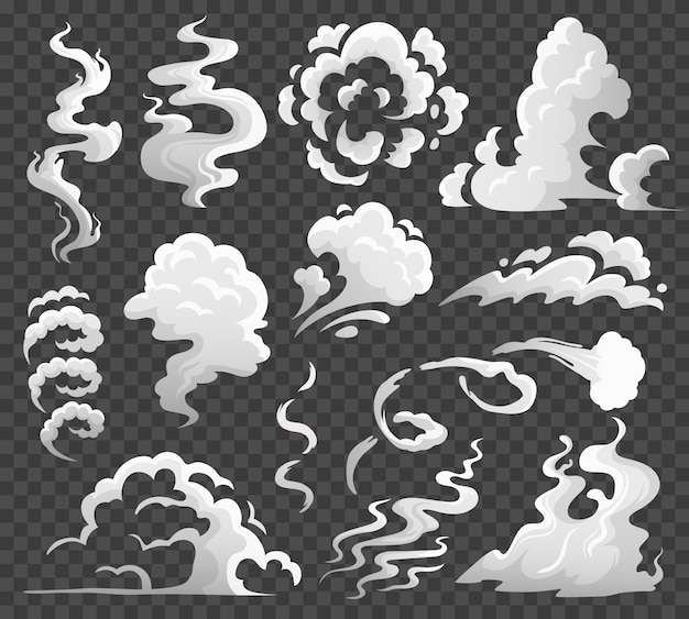 Nuages de fumée. Nuage de vapeur comique, tourbillon de fumée et flux de vapeur. Nuages de poussière isolé illustration de dessin animé