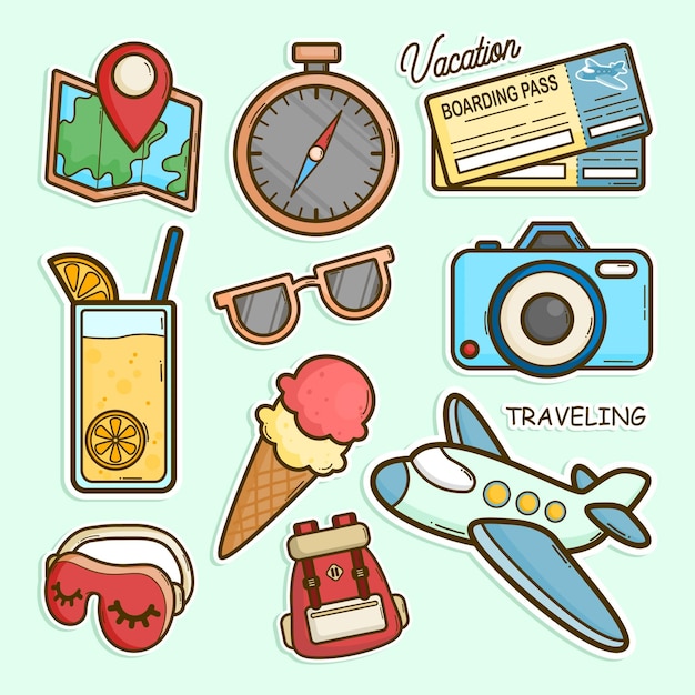 Objet de voyage et de vacances autocollant mignon Set Illustration