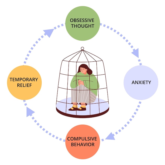 Ocd infographie femme en cage avec anxiété abstraite illustration vectorielle plane sur fond blanc