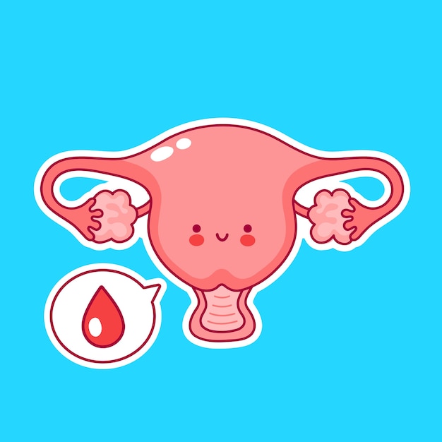 Organe utérus mignon heureux drôle femme avec goutte de sang menstruel. icône de dessin animé ligne kawaii caractère illustration