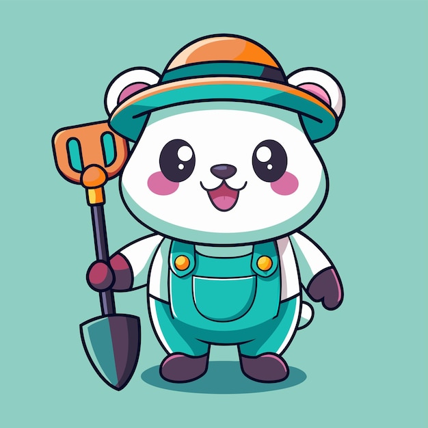 un ours panda de dessin animé avec un chapeau et une pelle