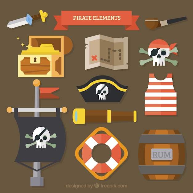 Pack d&#39;éléments pirates dans un design plat