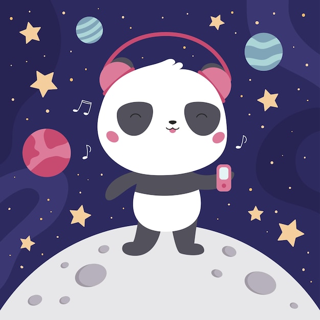 Panda kawaii mignon avec écouteurs et lecteur de musique sur fond d'espace