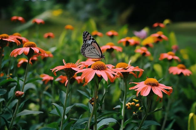 Vecteur un papillon est sur une fleur dans un champ de fleurs