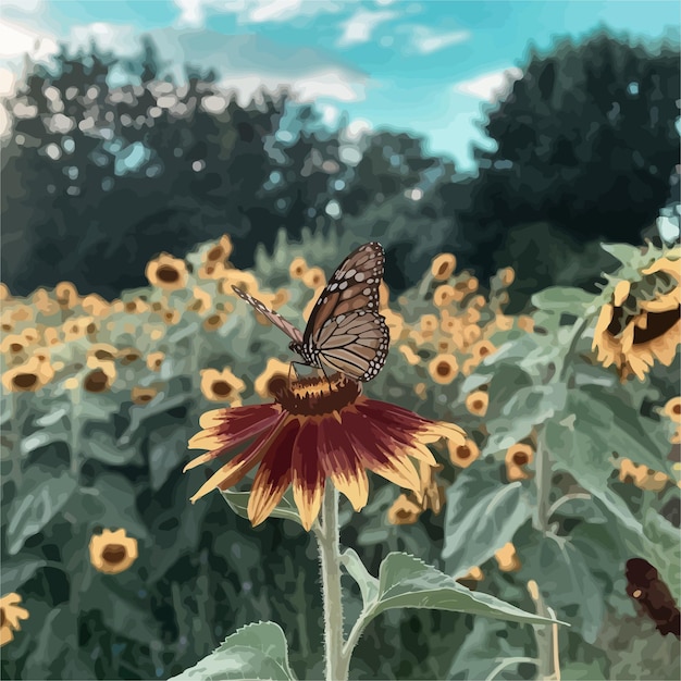 Vecteur un papillon est sur un tournesol dans un champ