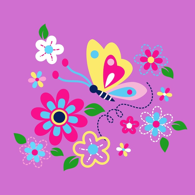 Papillons mignons avec illustration vectorielle de fleurs colorées