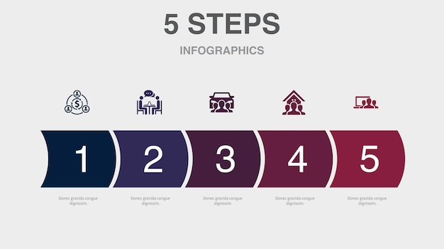 Vecteur partage de l'économie coworking partage de voiture partage de propriété partage d'icônes d'appareils modèle de conception infographique concept créatif avec 5 étapes