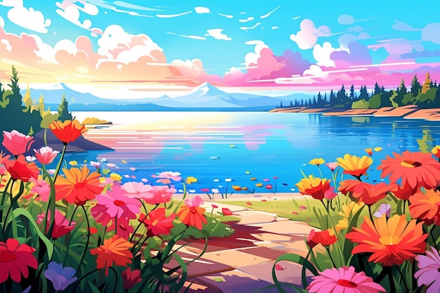 Un paysage de fleurs colorées au bord du lac