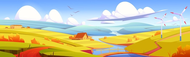 Paysage rustique, prairie, champ rural avec pont sur la rivière, meules de foin et bâtiments de ferme. Effet de parallaxe, paysage automne campagne nature fond dans des couleurs jaunes, illustration vectorielle de dessin animé