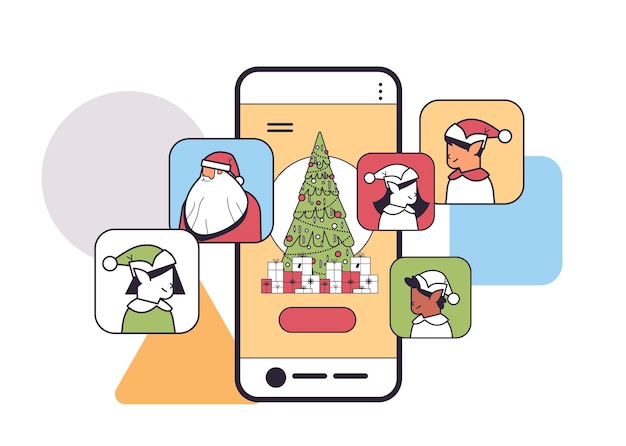 Le père noël discutant avec les elfes pendant l'appel vidéo sur l'écran du smartphone joyeux noël bonne année célébration des vacances d'hiver illustration vectorielle linéaire horizontale