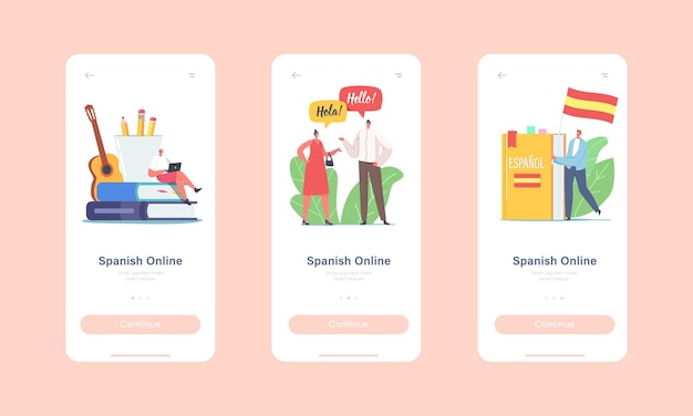 Personnages apprenant le modèle d'écran intégré de la page de l'application mobile en ligne du cours de langue espagnole. Petits personnages dans d'énormes manuels et drapeau, concept d'enseignant et d'étudiant. Illustration vectorielle de gens de dessin animé
