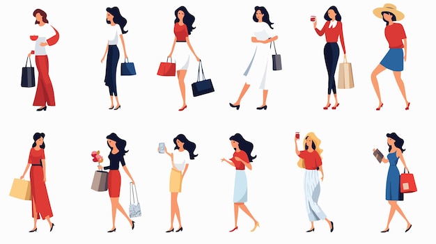 Vecteur personnages féminins heureux vente et réduction icon set pour les promotions