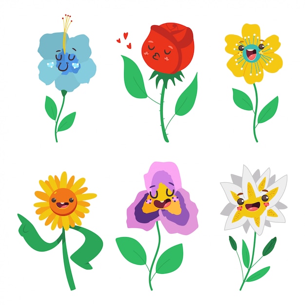 Personnages de fleurs de printemps avec jeu de dessin animé d'émotions mignonnes isolé sur fond blanc.