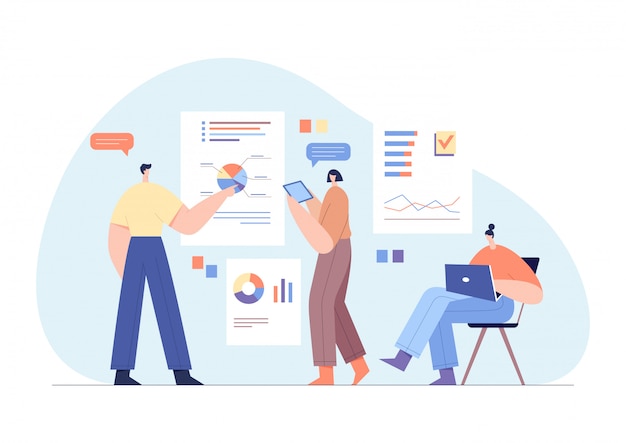 Personnages d'hommes d'affaires interagissant avec les graphiques et analysant les statistiques. Concept de travail de bureau, partenariat d'équipe.