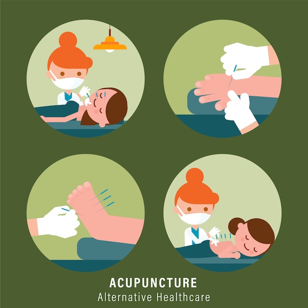 Personne recevant un traitement d'acupuncture d'un praticien. Illustration de soins de santé alternatifs