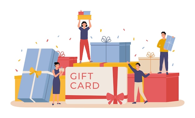 Personnes avec boîte-cadeau Boîtes-cadeaux géantes et groupe heureux petits hommes et femmes carte-cadeau coupon de réduction