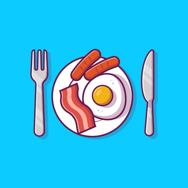 Petit déjeuner alimentaire sur plaque avec oeuf et saucisse Cartoon Illustration.