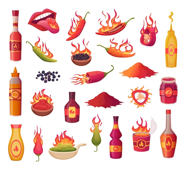 Vecteur piments brûler la flamme des ingrédients de poivrons verts et rouges pour la préparation des aliments les bouteilles de cuisine mexicaine traditionnelle définissent des illustrations de dessin animé vectorielles exactes