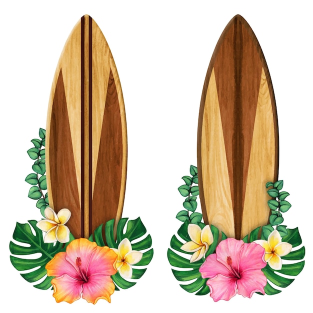 planches de surf en bois et fleurs tropicales