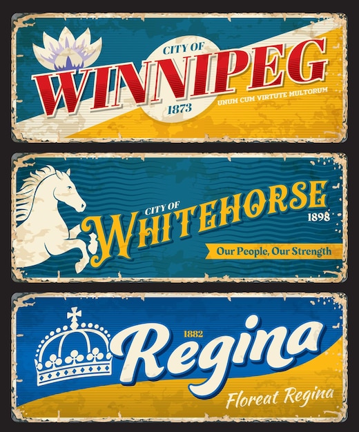 Vecteur plaques en tôle des villes de winnipeg whitehorse et regina