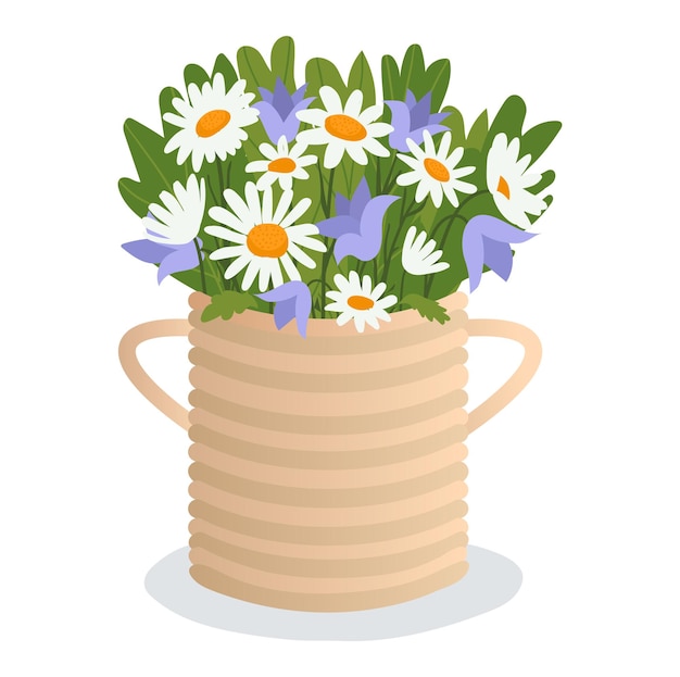 Pot avec fleur de champ de concept de plante verte maison en illustration de vecteur de dessin animé de pot de fleurs isolé sur