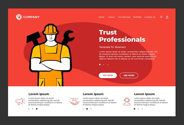Les professionnels de la confiance prennent en charge le modèle de conception de la page de destination du site Web du service de réparation du constructeur homme mari