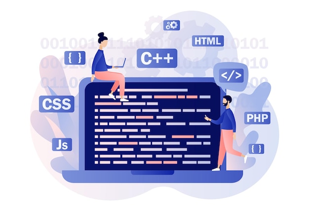 Vecteur un programmeur ou un développeur de minuscules personnes crée un langage de programmation de code programmation et ingénierie