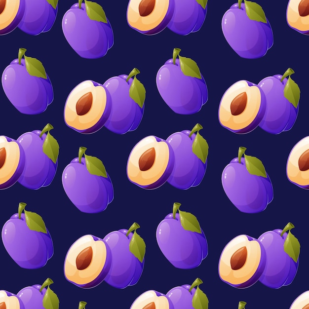 Vecteur prune entière pourpre mûre et la moitié du fruit avec un motif de dessin animé sans couture vectoriel