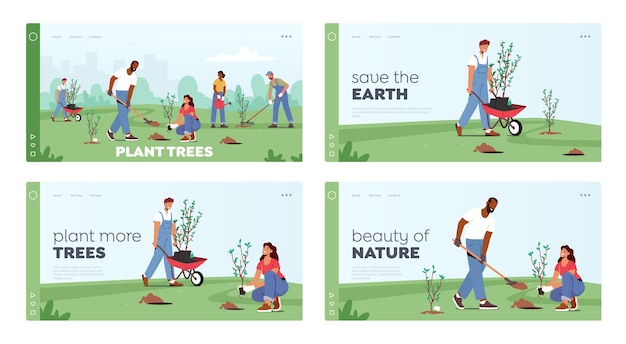 Vecteur reboisement, ensemble de modèles de page d'atterrissage de la journée mondiale de l'environnement. personnages plantant des semis et cultivant des arbres dans le sol travaillant dans le jardin, sauver le monde, le jour de la terre. dessin animé, gens, vecteur, illustration