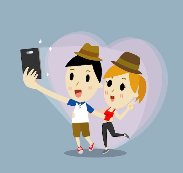 Rencontre dessin animé jeune couple heureux en amour prenant selfie autoportrait photo