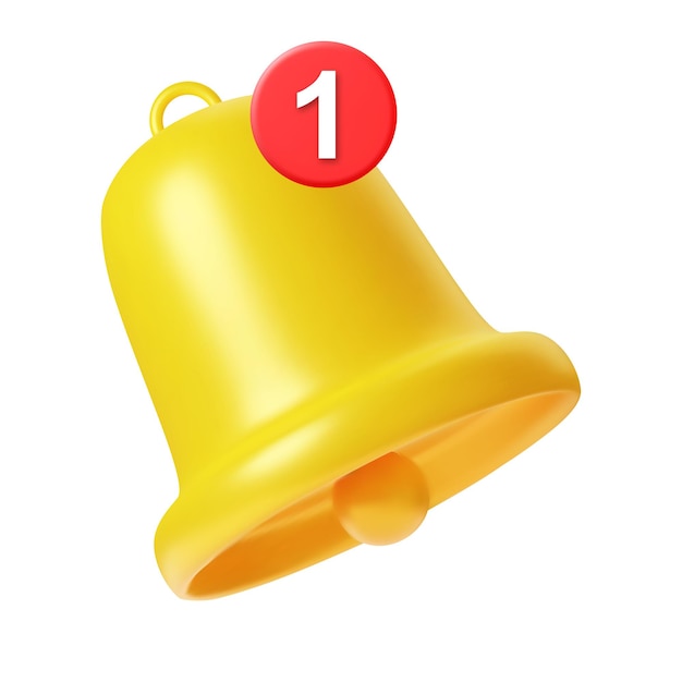 rendu 3d Cloche de notification jaune avec une nouvelle icône de notification isolée sur fond blanc pour le rappel des médias sociaux. Illustration vectorielle