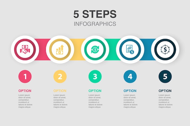 Vecteur rentabilité des investissements retour sur investissement déclarations de revenus icônes d'équité modèle de conception infographique concept créatif avec 5 étapes